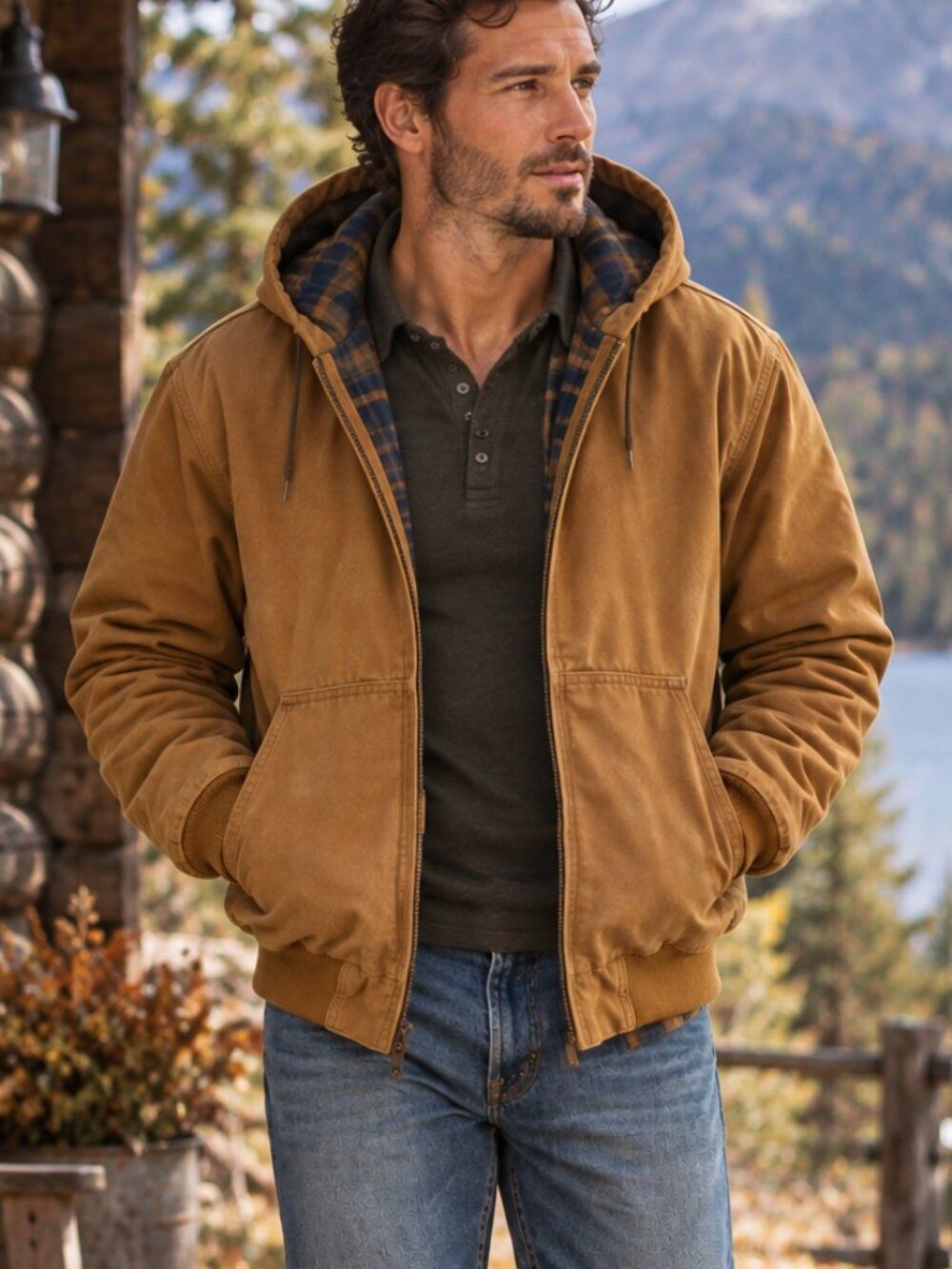Woolrich Chore Barn Coat Insulated Flannel Lined Jacket Mens XL Brown Hooded